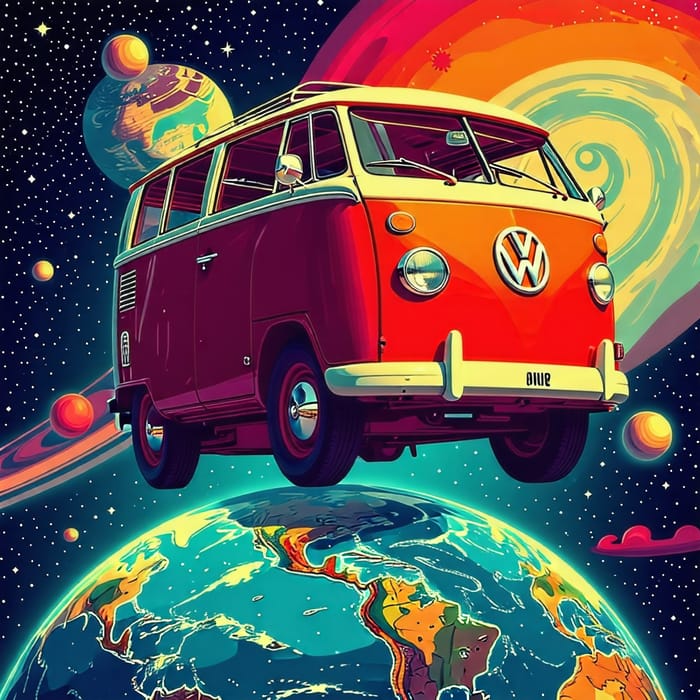 Surreal Volkswagen Van Adventure in Cosmic Space