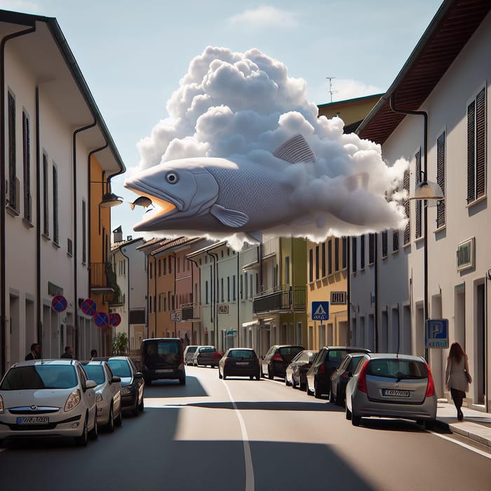 Captivating Scene: Cloud Carrying Fish Through Street