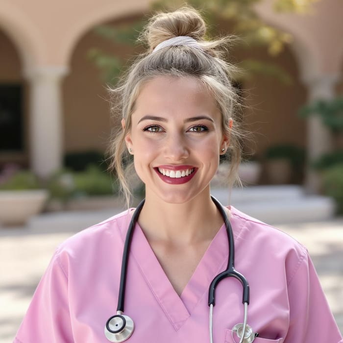 Smiling Nurse Headshot in Pink Scrubs Smiling Nurse Headshot in Pink Scrubs