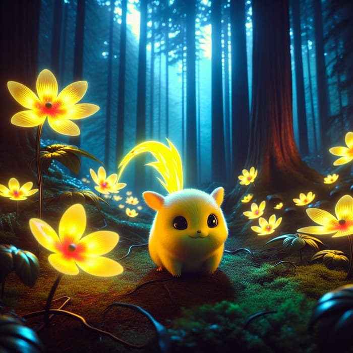 Pikachu in a Magical Forest with Glowing Flowers