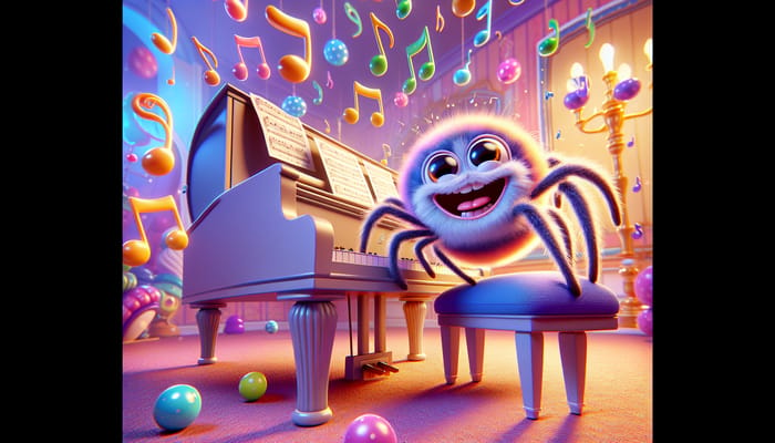 Whimsical Spider Playing Grand Piano in Lively Room