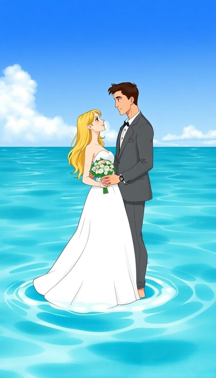 Charming Newlywed Illustration at the Beach