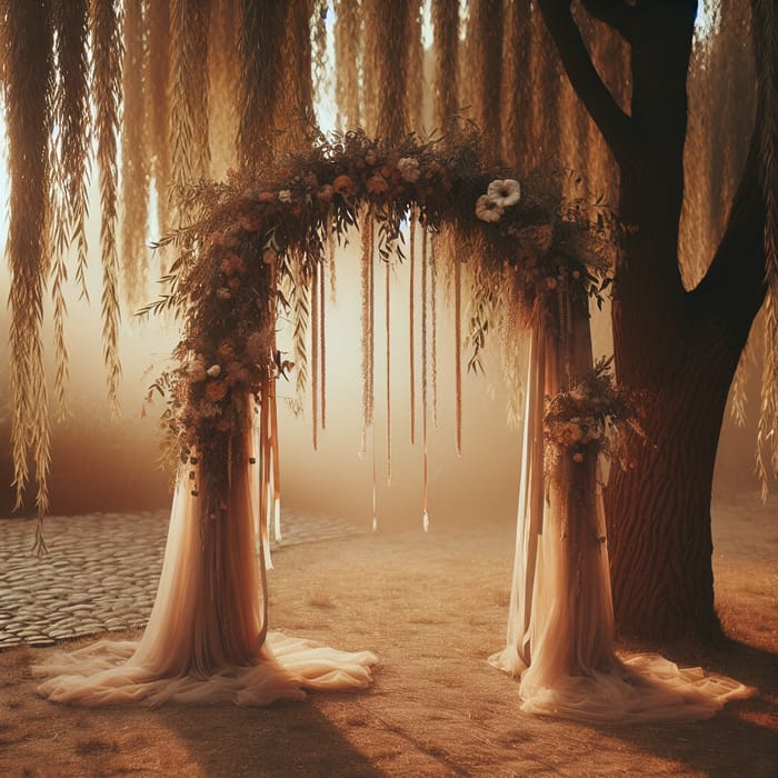 Warm Orange-Peach Wedding Arch Design Under Drooping Willow Tree