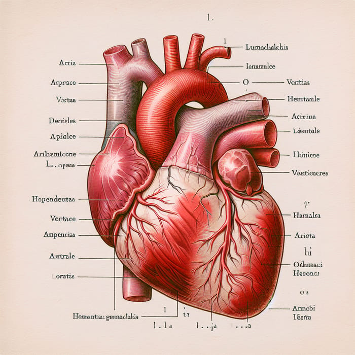 Detailed Human Heart Illustration with Labeled Parts