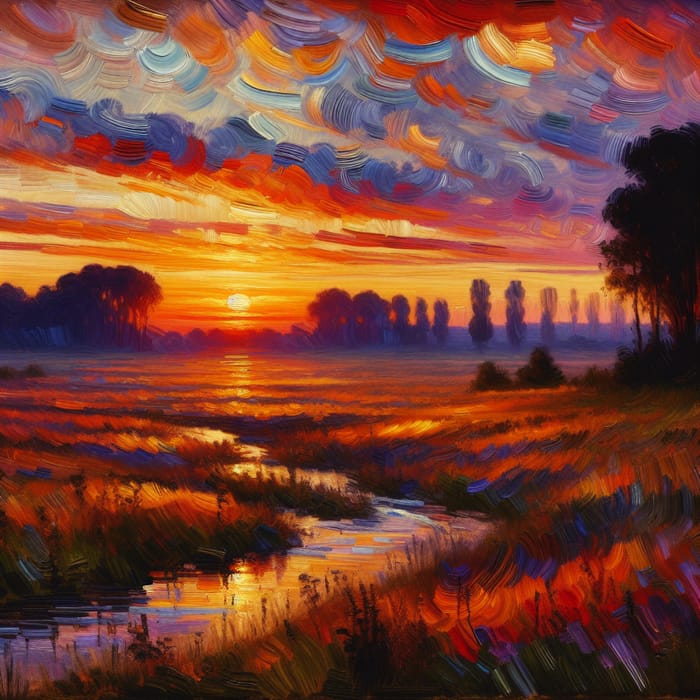 Tranquil Impressionistic Sunset Landscape Painting