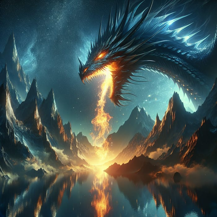 Fiery Dragon in Night Sky | Mythical Creature Breathing Flames