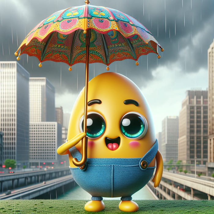 Cheerful Minion with Colorful Umbrella in Cityscape