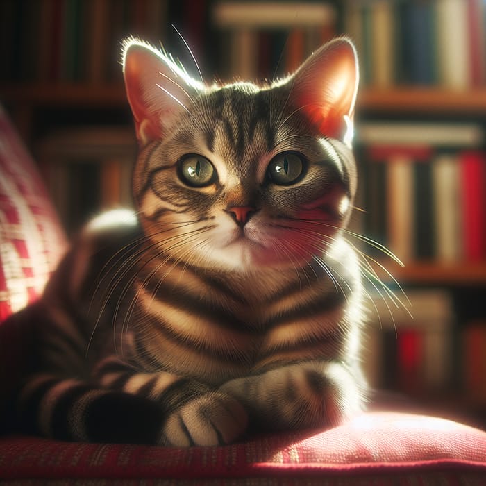 Striped Gray Feline on Red Cushion | Homely Cat Scene