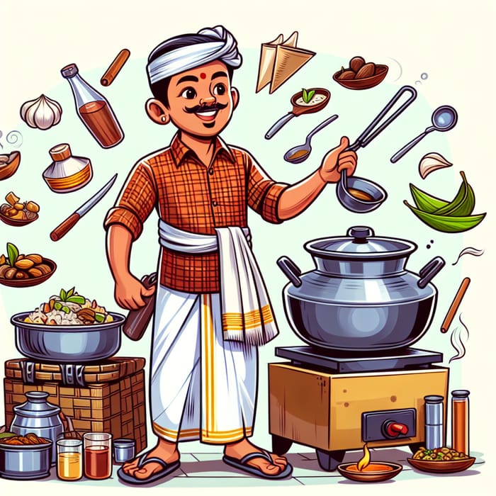 Cartoon Man in Dhoti Cooking Street Food