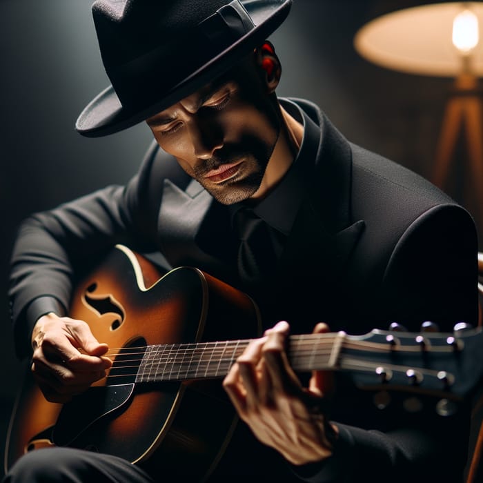 Melancholic Guitarist in Dark Room with Pork Pie Hat