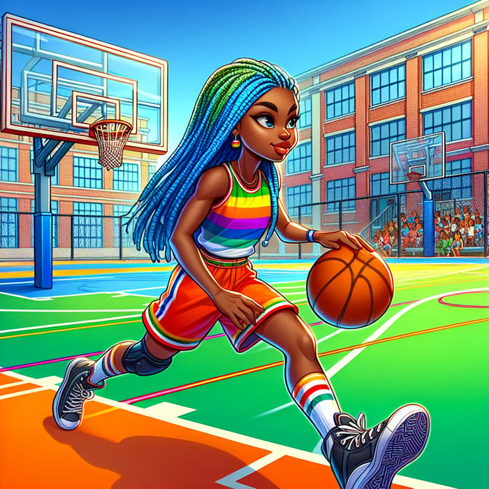 Young Nigerian Girl Playing Basketball with Blue Braids