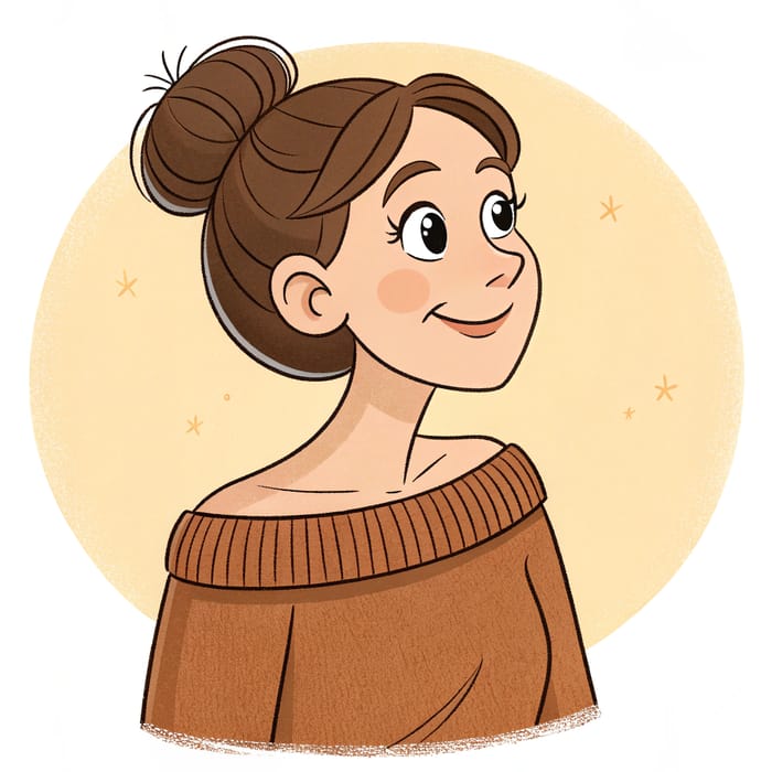 Cartoon Woman in Brown Sweater - Creative Illustration