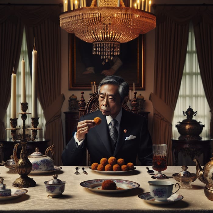 Dignified Asian Governor Savoring Croquette | Lavish Dining Scene