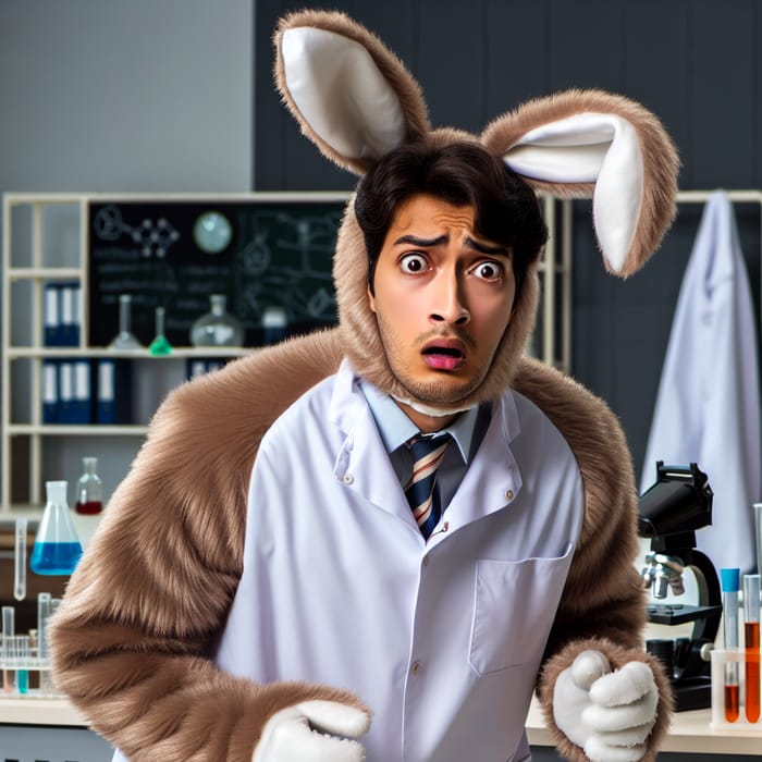 Man in Hare Costume Escapes from Laboratory | Expression of Panic