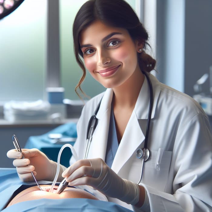 Hardworking Hispanic Female Gynecologist Performing Cesarean Section