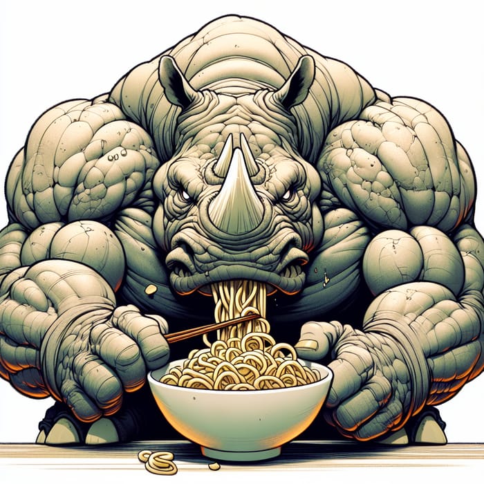 Angry Rhino Eating Noodles with Broad Bones