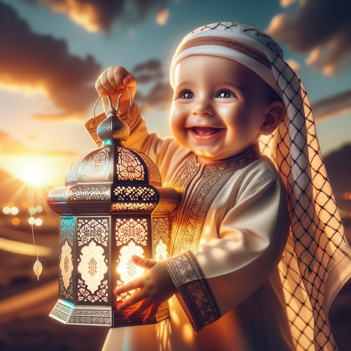 Delightful Middle-Eastern Baby Boy Carrying Glowing Ramadan Fanos