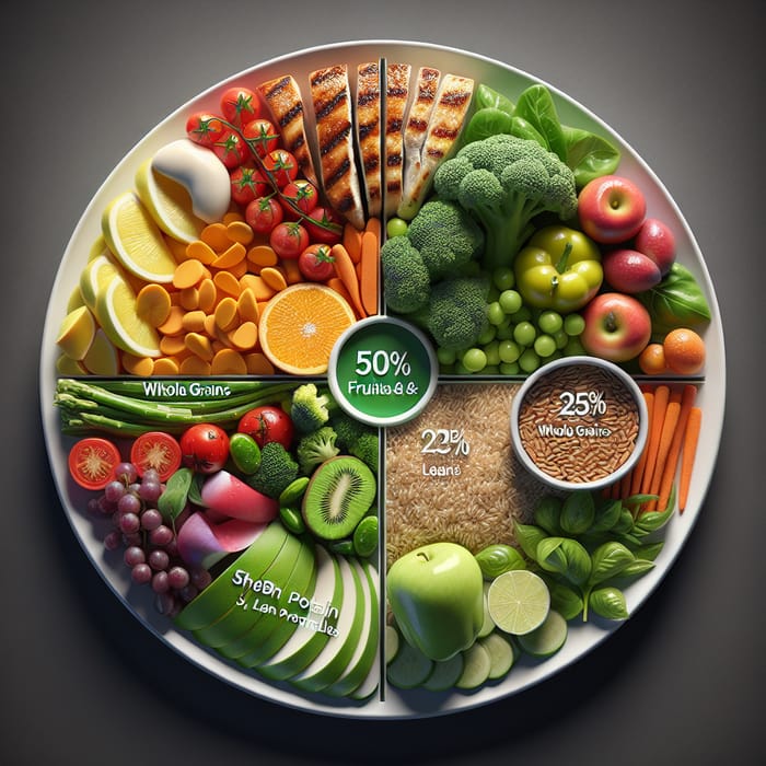 Healthy Eating Plate: 50% Fruits & Vegetables, 25% Lean Protein, 25% Whole Grains