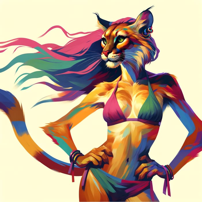 Playful Pop Art Cat Lady in Bikini - Colorful Fantasy Painting