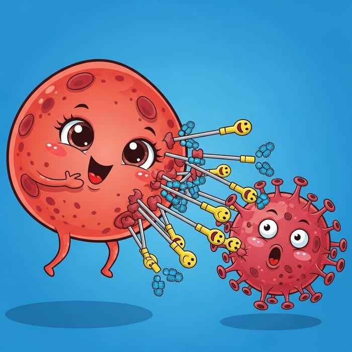 Cartoon B Cells Throwing Antibodies at Viruses