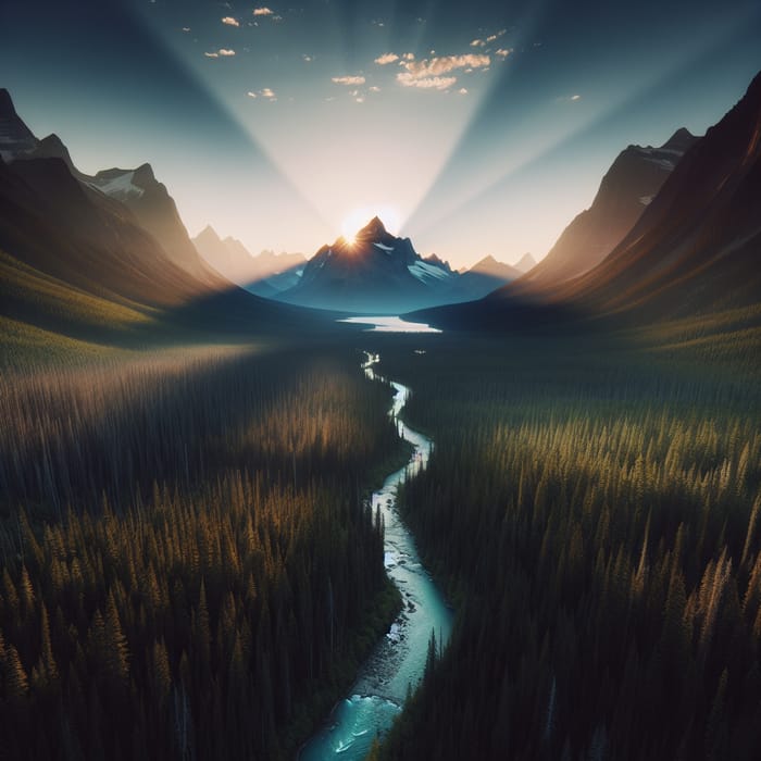 Tranquil Forest and River Scene with Mountain Sunrise