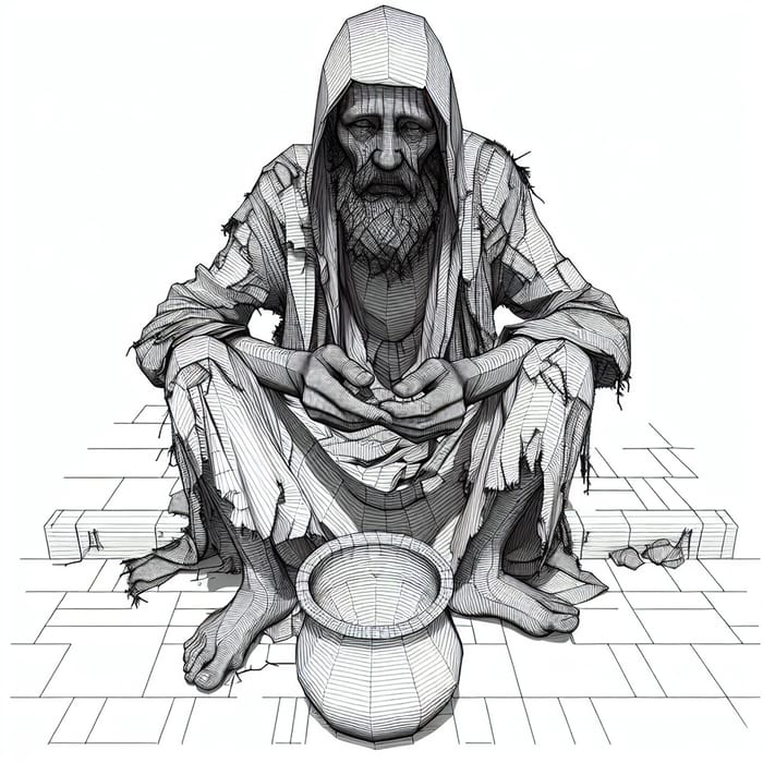 3D Line Art of Beggar - Poverty and Strength