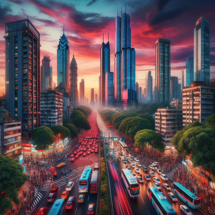 Vibrant Cityscape with Diverse Traffic | Urban Life in Motion