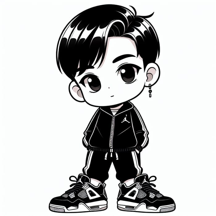 Draw Comic-Style Boy with Quiff, Black Jordan Tracksuit, Jordan 4 Military Black