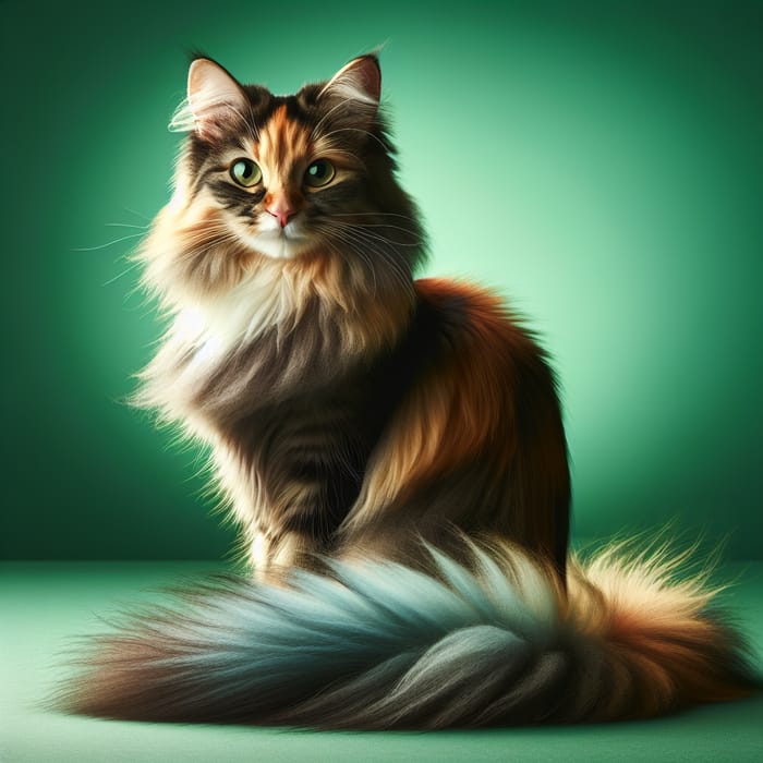 Vivid Green Background Portrait of a Tranquil Multi-Colored Long-Haired Cat