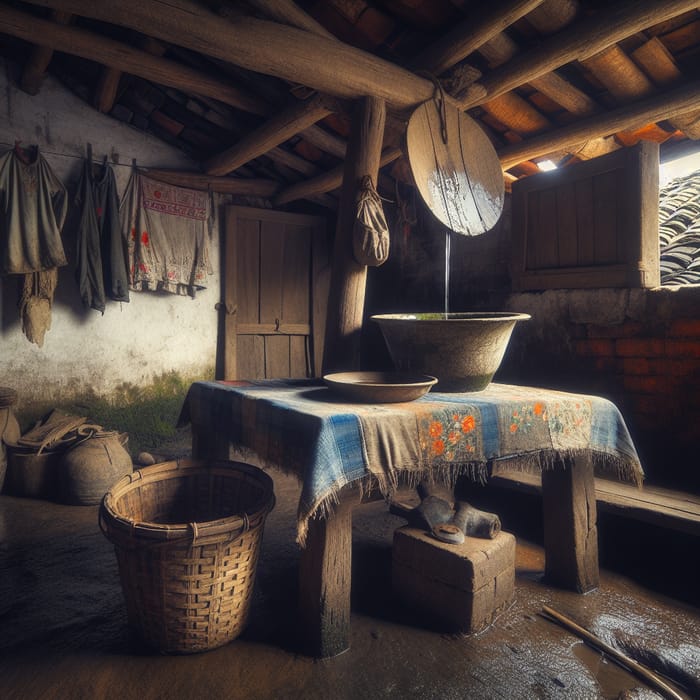 Rustic Chinese House Scene: Table Cloth, Bucket, Leaky Ceiling