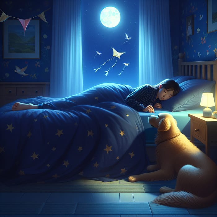 Tranquil Night Scene: Asian Girl, Golden Retriever & Moonlight