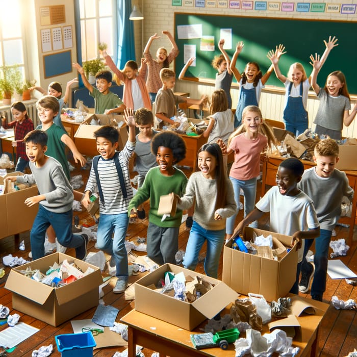 Diverse School Kids Collect Waste Paper for Recycling