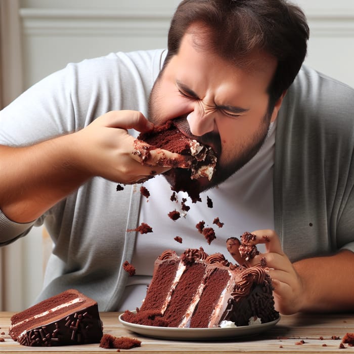 Indulgent man gorging on cake | Cake glutton feasting