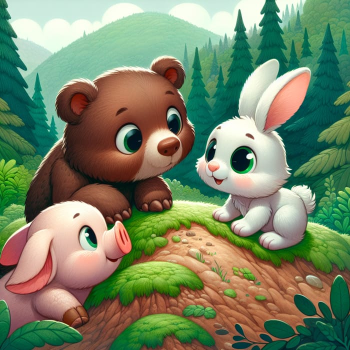 Adorable Piglet, Baby Bear, and Bunny Play in Enchanting Cartoon Forest