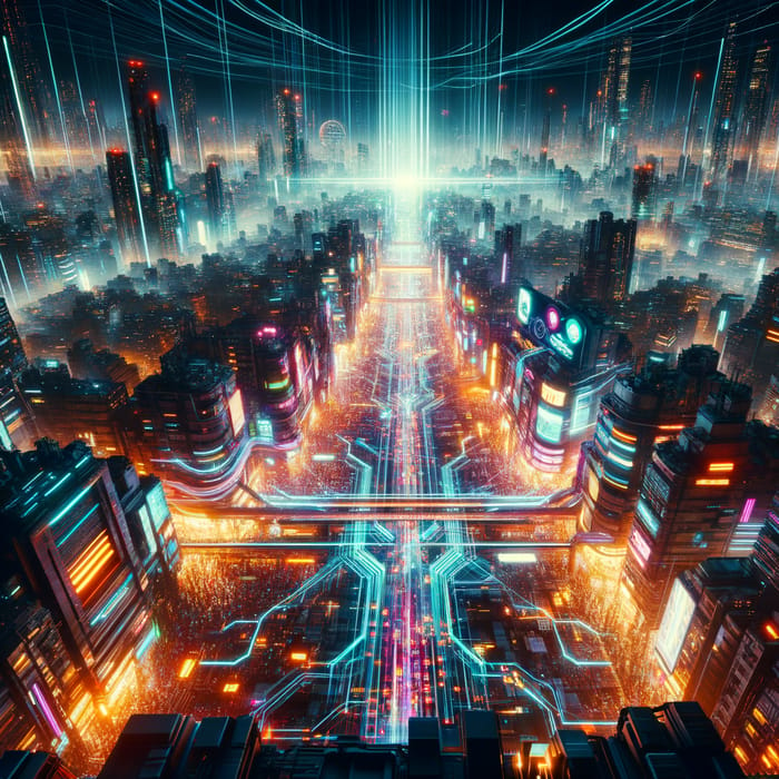 Vibrant Cyberpunk Cityscape with Neon Lights at Night