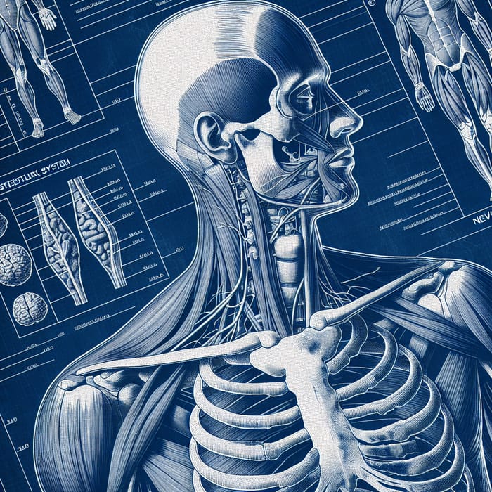 Detailed Human Anatomy Blueprint in Blue Color Scheme