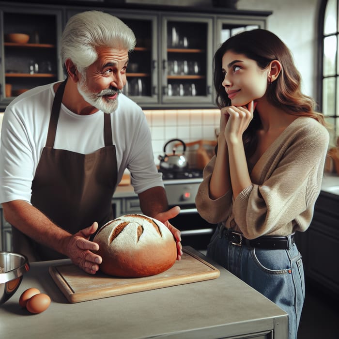 Modern Hispanic Grandfather Persuades Caucasian Grandmother to Bake Kolobok in Contemporary Kitchen