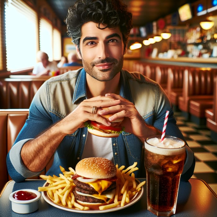 Middle-Eastern Man Enjoying Hearty Meal in Welcoming Diner