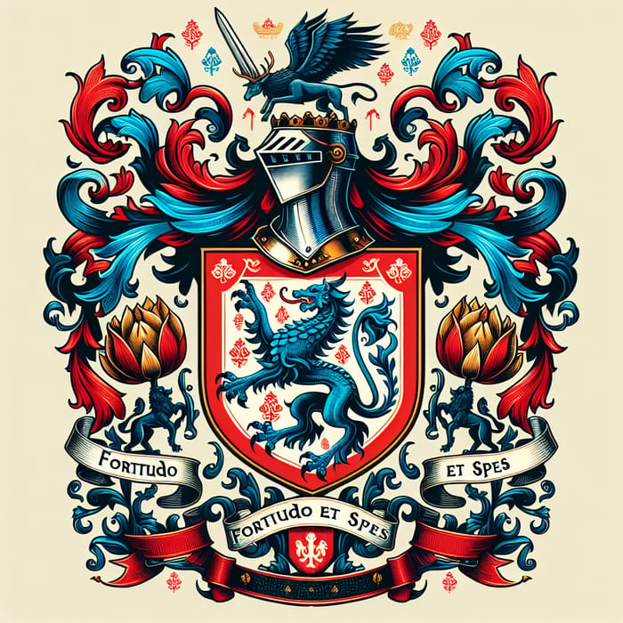 Intricate Family Crest with Blue Dragon, Golden Tulips, Stag, Lion & Latin Motto