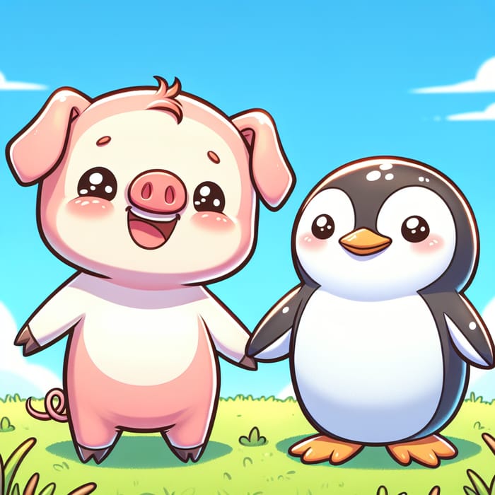 Adorable Piglet Holding Hands with a Penguin, Cartoon-Style