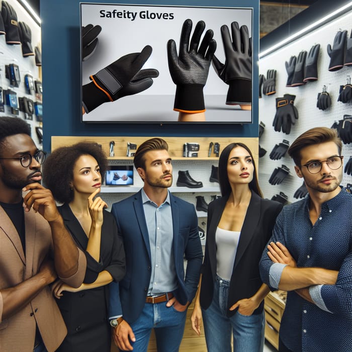 Security Gadgets Store: Customers Engaged with Safety Gloves Display on Smart TV