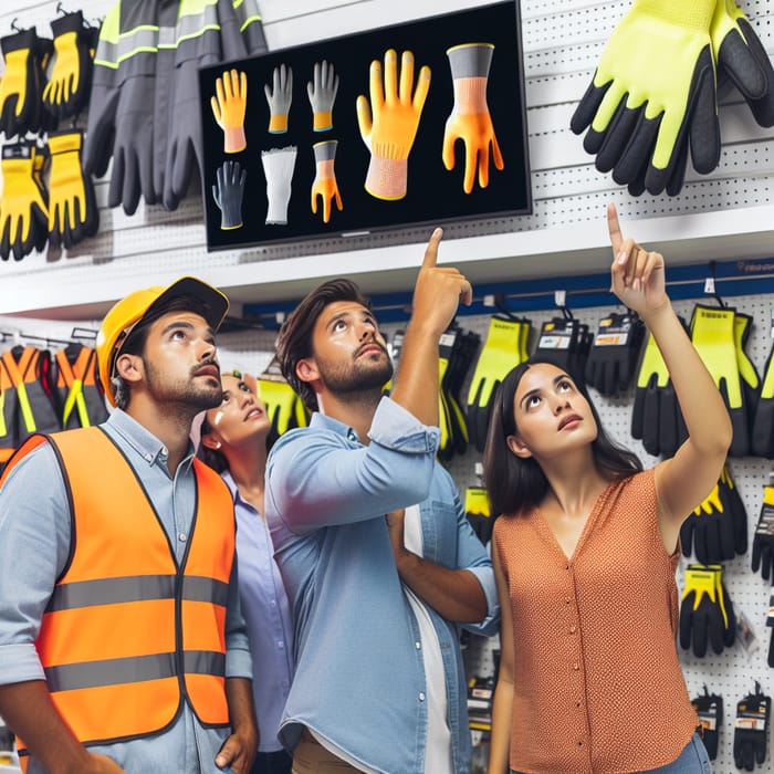 Latin Customers Pointing at Safety Gloves Displayed on Smart TV Latin Customers Pointing at Safety Gloves Displayed on Smart TV