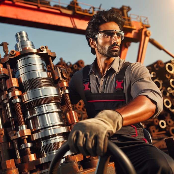 Man Driving with Hydraulic Cylinder in Industrial Landscape