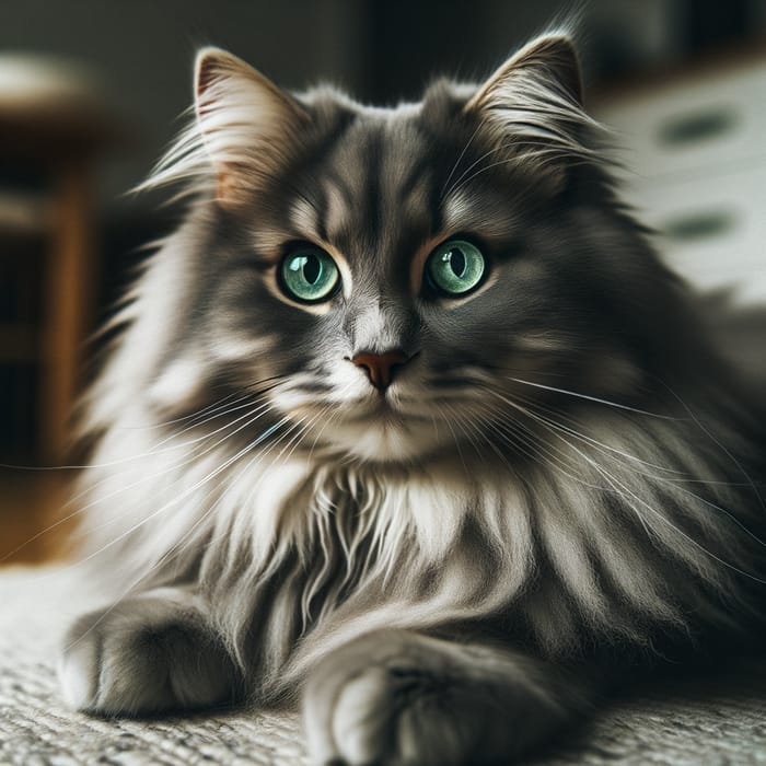 Majestic Grey Fluffy Boy Cat with Green Eyes