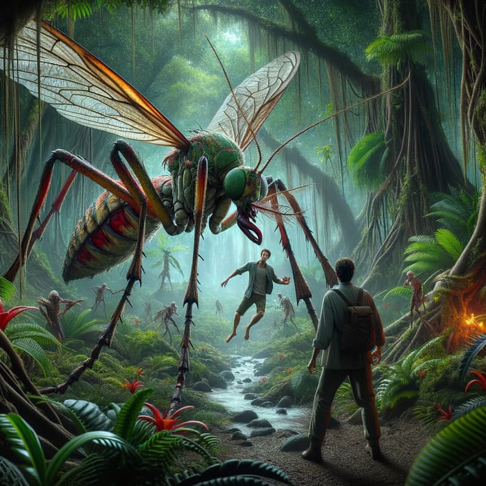 Giant Mosquito Carrying Fearsome Man in Tropical Forest