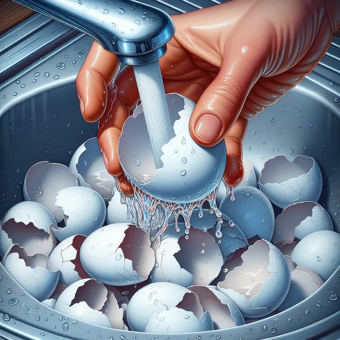 Broken White Eggshells Being Washed at Faucet