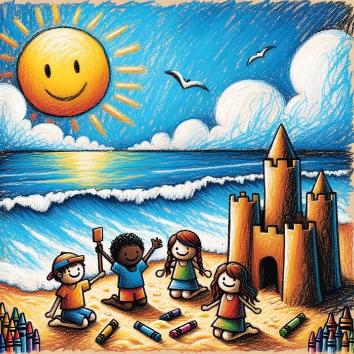 Child's Cheerful Beach Landscape Art