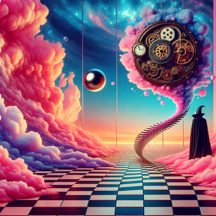 Enigmatic Sky Scene with Twisted Path, Clock Face, and Mystery Figure