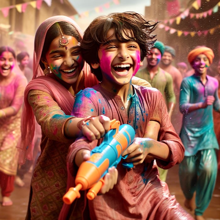 Young Krishna & Radha's Joyful Holi Celebration