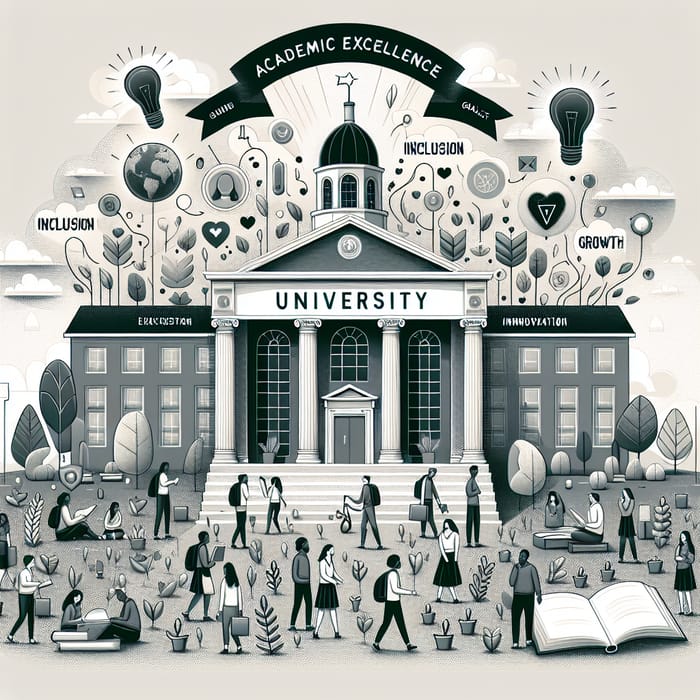 Monochrome University Building Poster | Academic Excellence, Inclusion, Growth